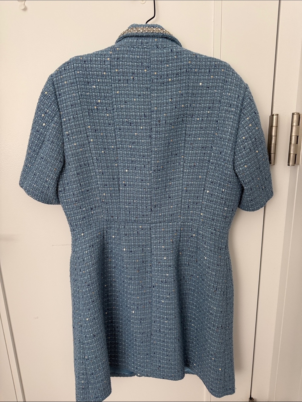 MAJE Blue Tweed Pearl-Trim Short Sleeve Coat - Picture 4 of 4